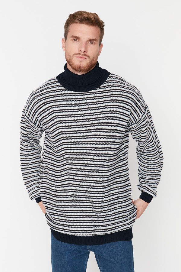 Trendyol Trendyol Navy Blue Oversize Fit Turtleneck Striped Knitwear Sweater