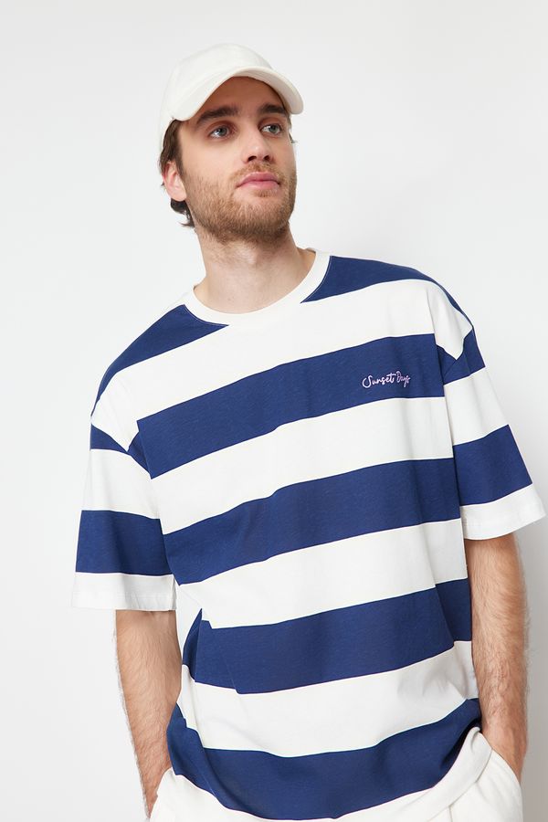 Trendyol Trendyol Navy Blue Oversize Letter Embroidered Striped 100% Cotton T-Shirt