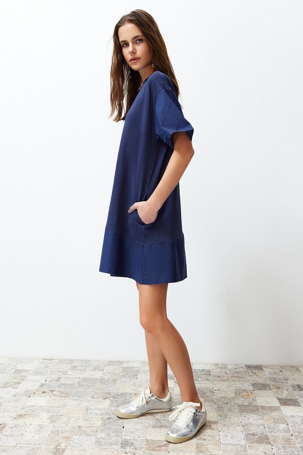 Trendyol Trendyol Navy Blue Plain Woven Garnished Midi Knit Dress