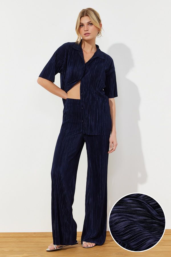 Trendyol Trendyol Navy Blue Pleated Wide Cut Shirt and Trousers Knitted Bottom Top Set