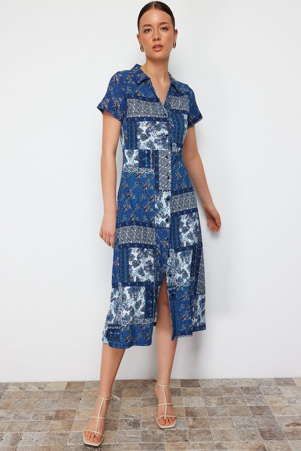 Trendyol Trendyol Navy Blue Printed Polo Collar A-line/Bell Form Wrap/Textured Knitted Midi Dress