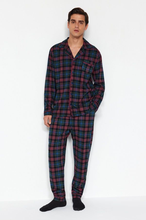 Trendyol Trendyol Navy Blue Regular Fit Plaid Knitted Pajamas Set