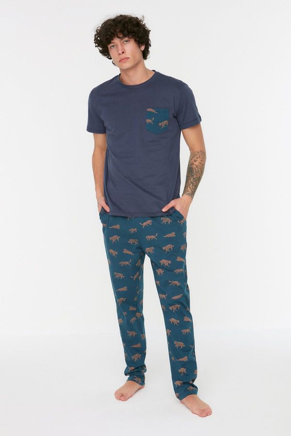 Trendyol Trendyol Navy Blue Regular Fit Printed Knitted Pajamas Set