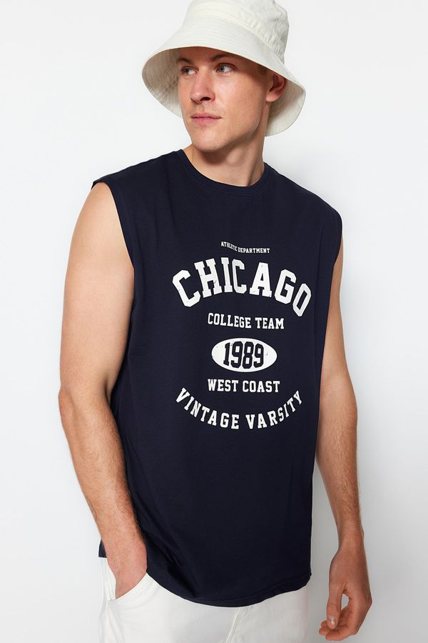 Trendyol Trendyol Navy Blue Relaxed/Comfortable Cut City Printed 100% Cotton Sleeveless T-Shirt/Tank Top
