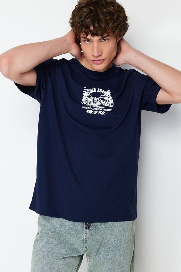 Trendyol Trendyol Navy Blue Relaxed/Comfortable Cut Fluffy Landscape Printed 100% Cotton T-Shirt