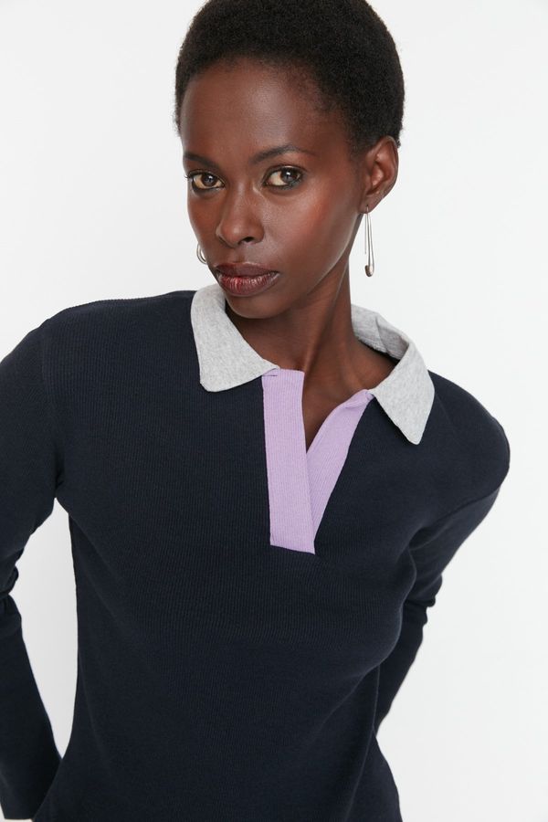 Trendyol Trendyol Navy Blue Ribbed Fitted Knitted Blouse