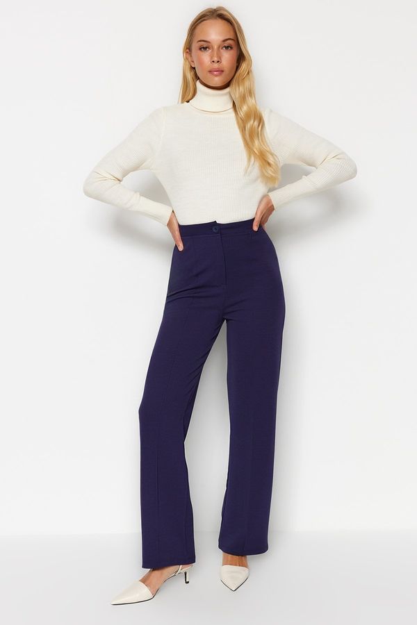 Trendyol Trendyol Navy Blue Ribbed High Waist Straight Fit Knitted Trousers