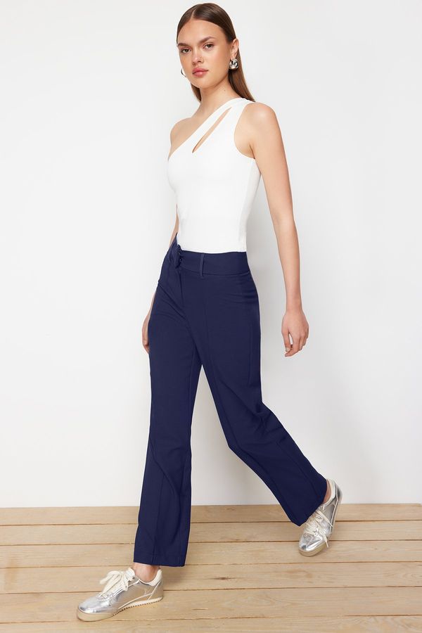 Trendyol Trendyol Navy Blue Ribbed High Waist Straight/Straight Fit Woven Trousers