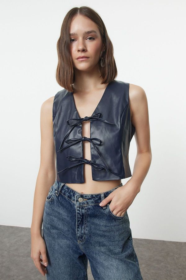 Trendyol Trendyol Navy Blue Slim Faux Leather Tie Detail Crop Woven Vest