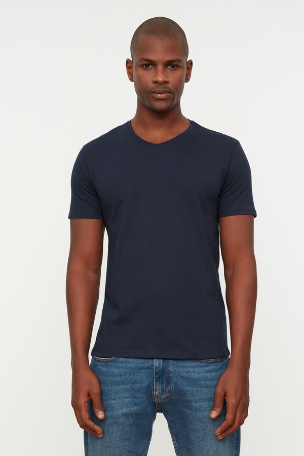 Trendyol Trendyol Navy Blue Slim/Narrow Fit V Neck 100% Cotton Basic T-Shirt