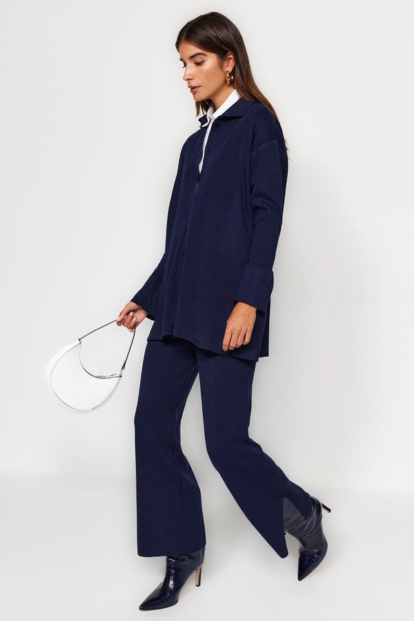 Trendyol Trendyol Navy Blue Slit Detailed Cardigan-Pants Knitwear Suit