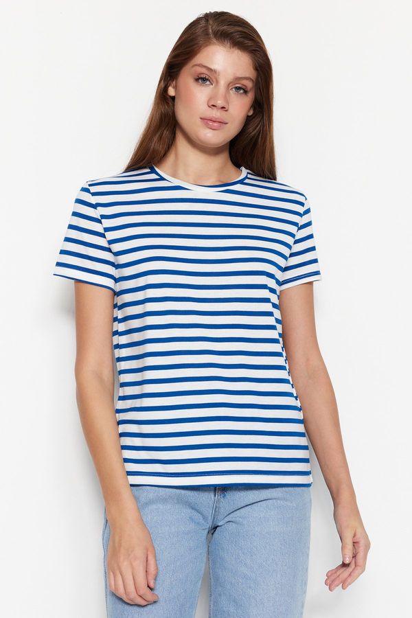 Trendyol Trendyol Navy Blue Striped Basic Crew Neck Knitted T-Shirt