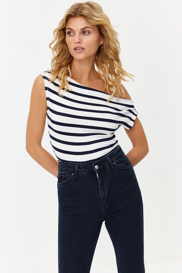 Trendyol Trendyol Navy Blue Striped Boat Neck Fitted Viscose/Soft Fabric Stretch Knit Knitted Blouse