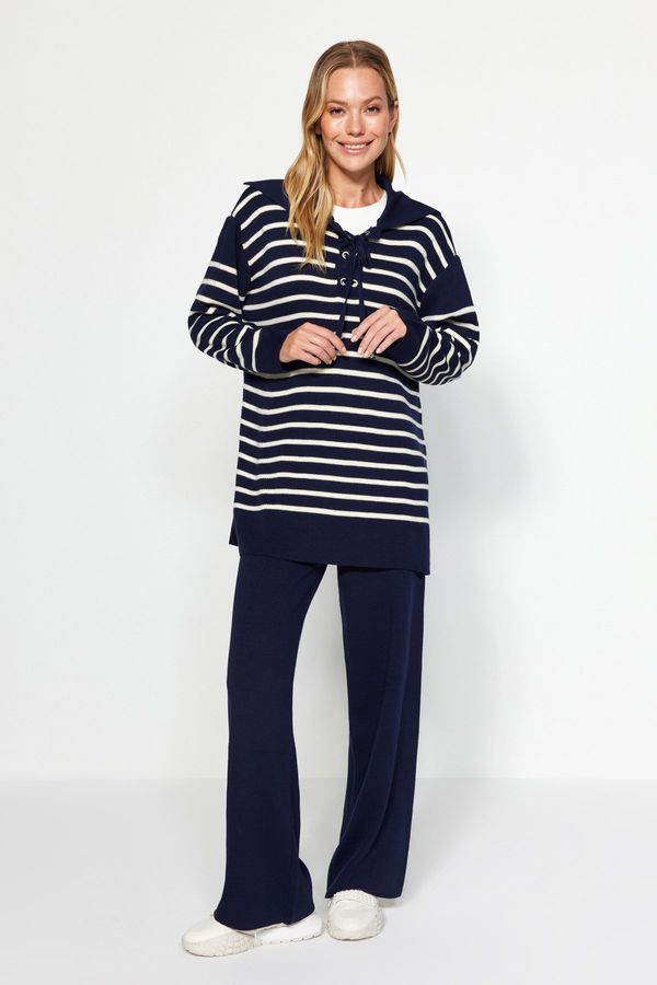 Trendyol Trendyol Navy Blue Striped Collar With Tie Detailed Sweater-Pants