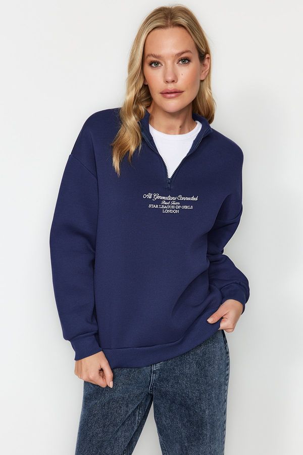 Trendyol Trendyol Navy Blue Thick Fleece Zippered High Neck Oversize/Cream Knitted Sweatshirt