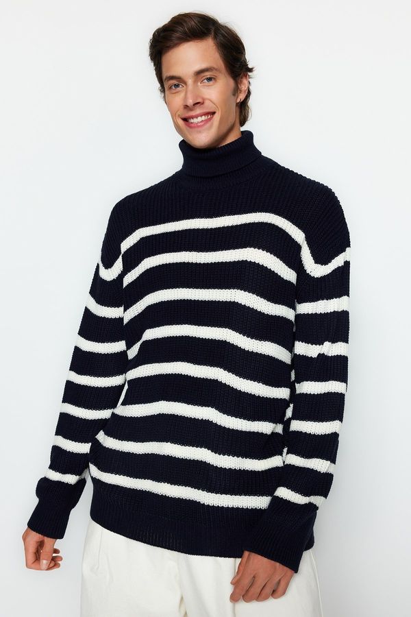 Trendyol Trendyol Navy Blue Unisex Oversize Fit Wide Fit Striped Knitwear Sweater