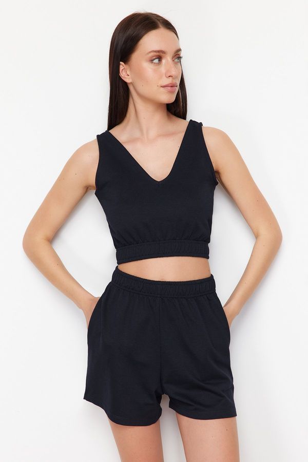 Trendyol Trendyol Navy Blue V Neck Elastic Crop Knitted Two Piece Set