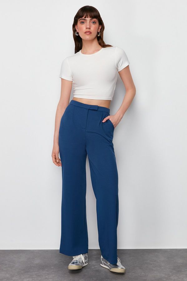 Trendyol Trendyol Navy Blue Velcro Closure Detailed Straight/Straight Cut Woven Trousers