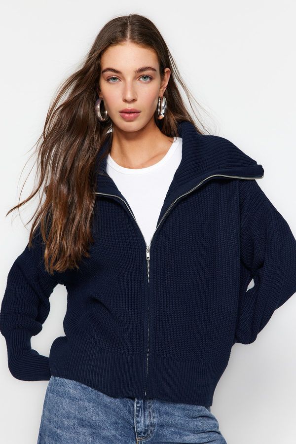 Trendyol Trendyol Navy Blue Wide Cut Turn-down Collar Zippered Knitwear Cardigan