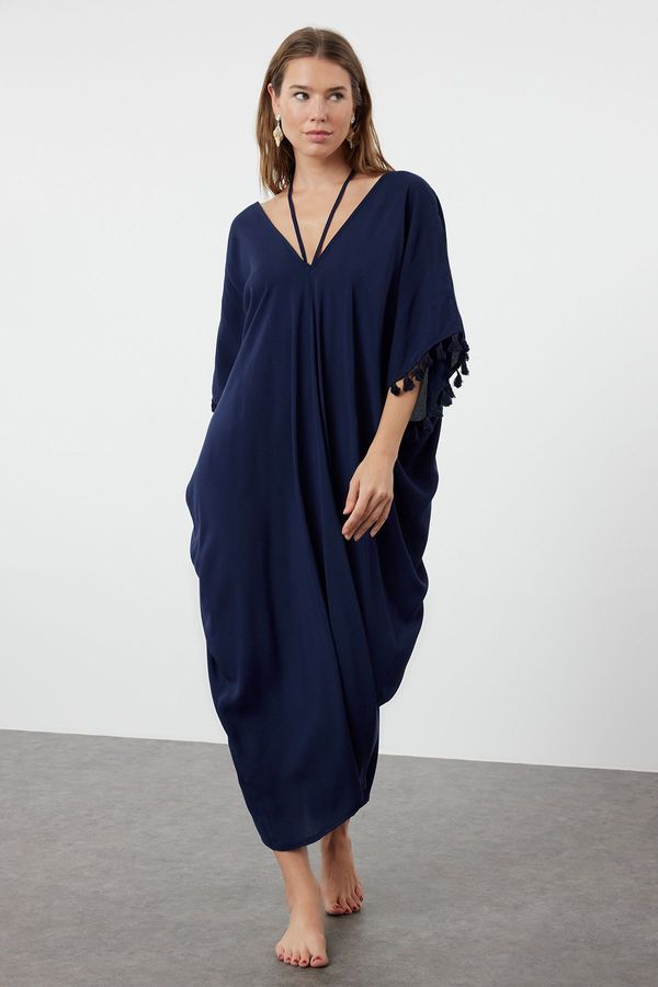 Trendyol Trendyol Navy Blue Wide Fit Midi Woven Tassel Beach Dress