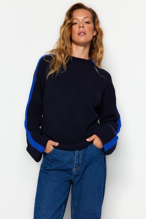Trendyol Trendyol Navy Blue Wide Fit Sleeve Folded Knitwear Sweater