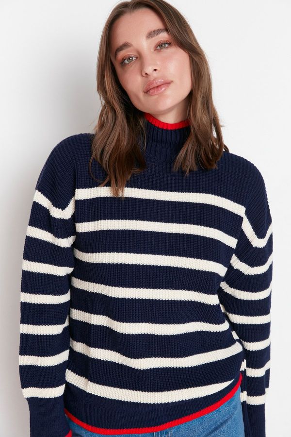 Trendyol Trendyol Navy Blue Wide Pattern Striped Knitwear Sweater