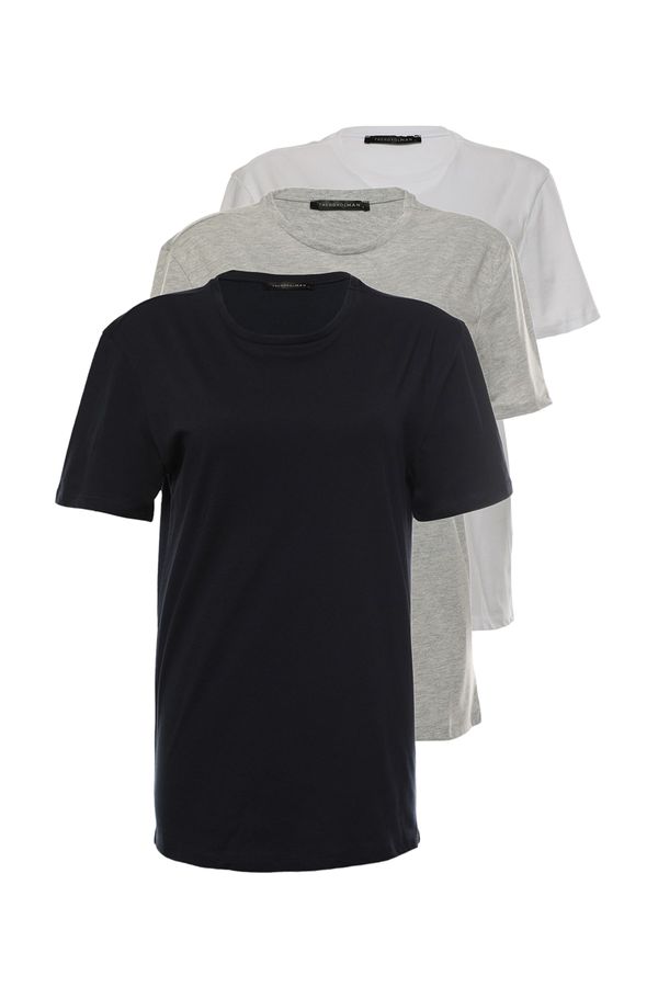 Trendyol Trendyol Navy-Grey-White Basic Slim/Slim Fit 100% Cotton 3 Pack Short Sleeve T-Shirts