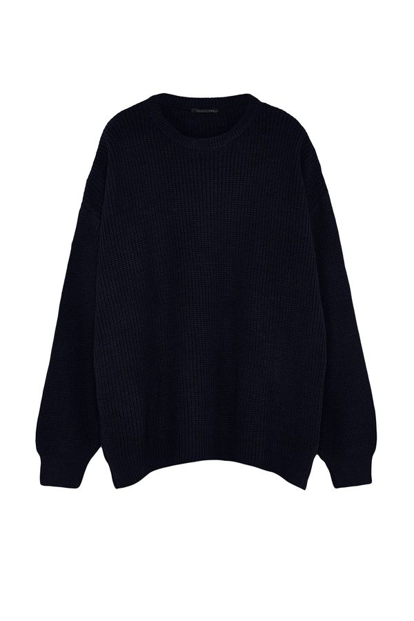 Trendyol Trendyol Navy Plus Size Oversize Fit Wide Fit Crew Neck Basic Knitwear Sweater