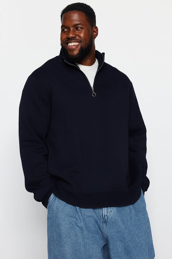 Trendyol Trendyol Navy Plus Size Regular/Real Cut Zippered Fleece Inside Sweatshirt