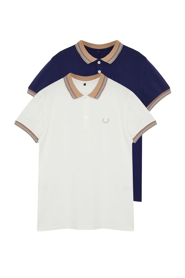 Trendyol Trendyol Navy-White Men's 2-Pack Slim/Slim Fit Deer Embroidered 100% Cotton Polo Neck T-Shirt