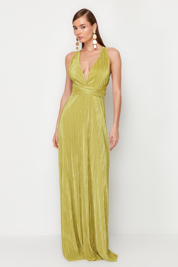 Trendyol Trendyol Oil Green A-Line Belted Knitted Lined Long Evening Dress