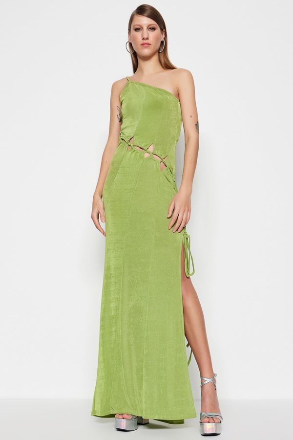 Trendyol Trendyol Oil Green Knitted Window/Cut Out Detailed Long Evening Evening Dress