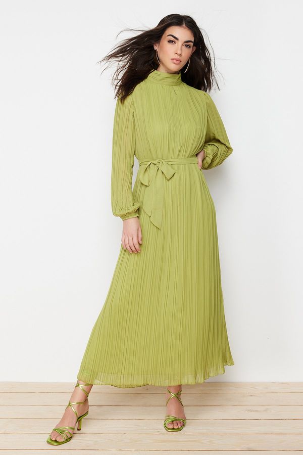 Trendyol Trendyol Oil Green Pleated Woven Lined Chiffon Dress