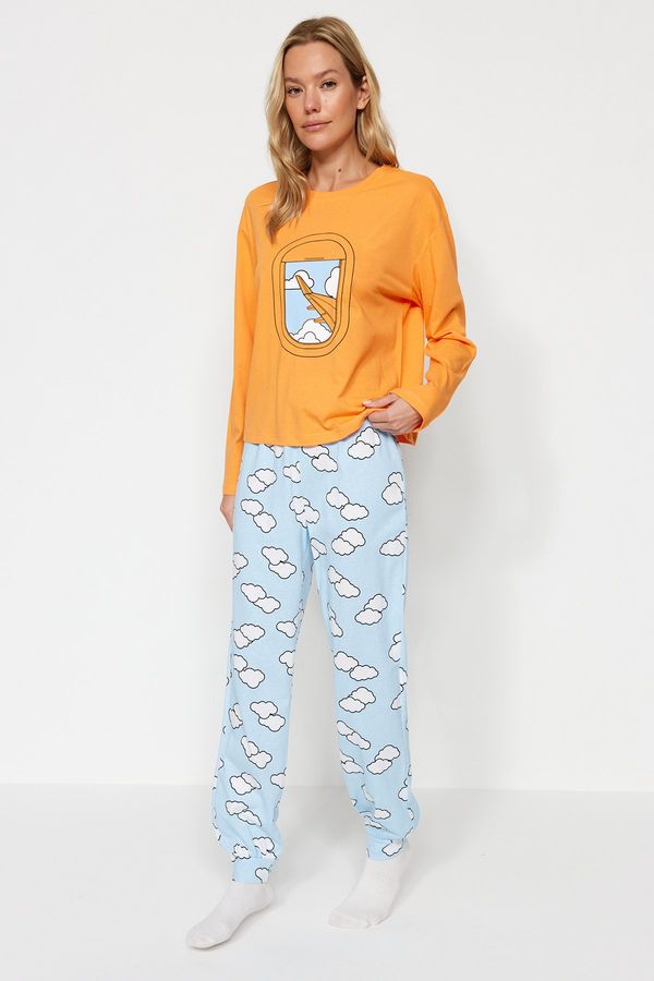 Trendyol Trendyol Orange 100% Cotton Cloud Pattern T-shirt-Jogger Knitted Pajamas Set
