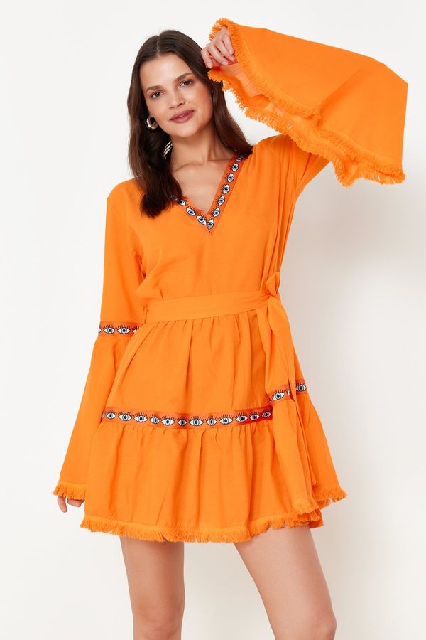 Trendyol Trendyol Orange Belted Mini Woven Flounce Beach Dress