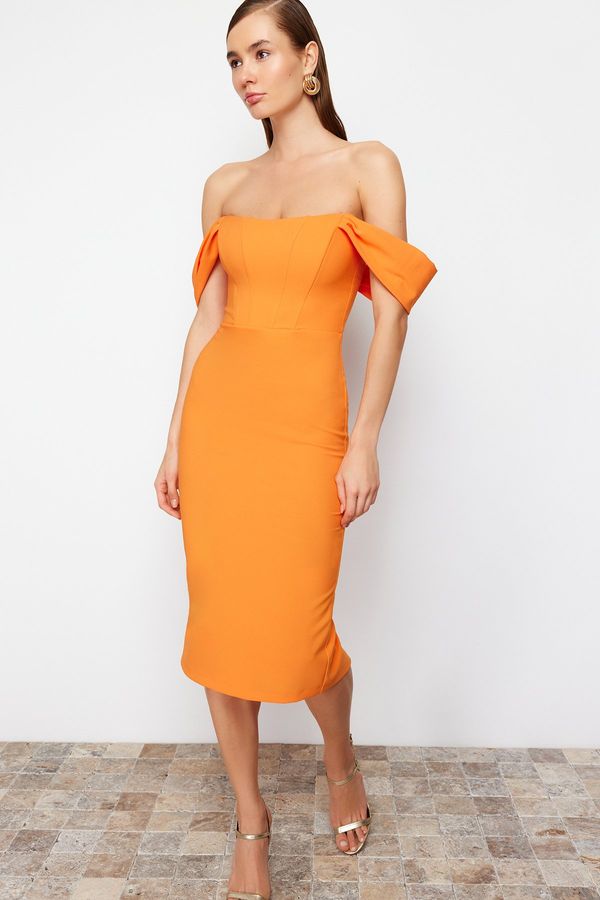Trendyol Trendyol Orange Fitted Woven Corset Detailed Elegant Evening Dress