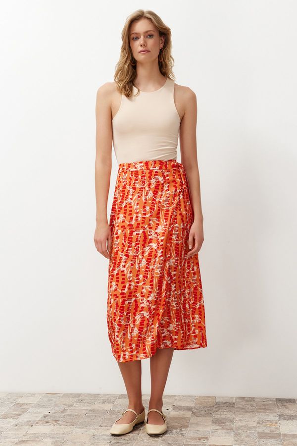 Trendyol Trendyol Orange Floral Pattern Viscose Fabric Midi Woven Skirt