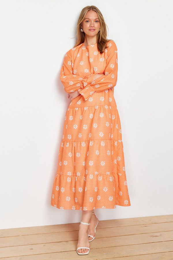 Trendyol Trendyol Orange Floral Printed Sleeve with Rubber Detail Woven Dress