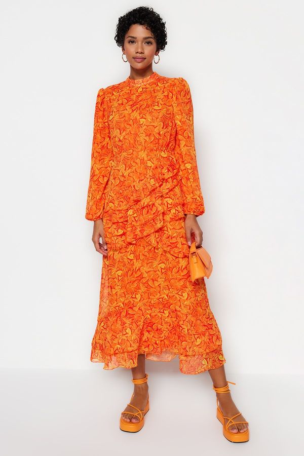 Trendyol Trendyol Orange Floral Skirt Frilly Lined Woven Chiffon Dress