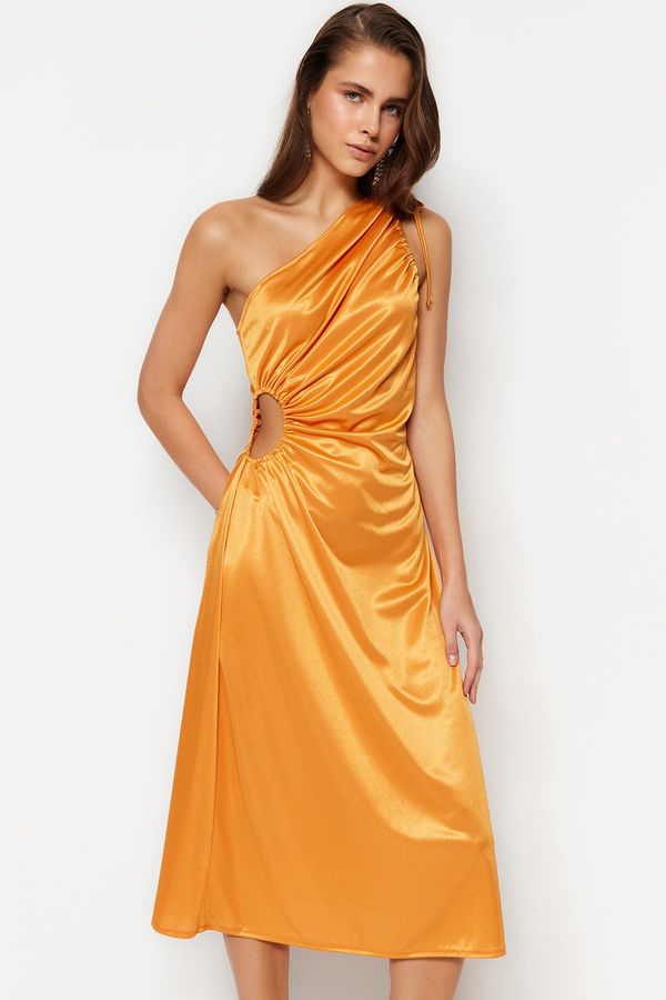 Trendyol Trendyol Orange Knitted Evening Dress with Window/Cut Out Detailed in Satin