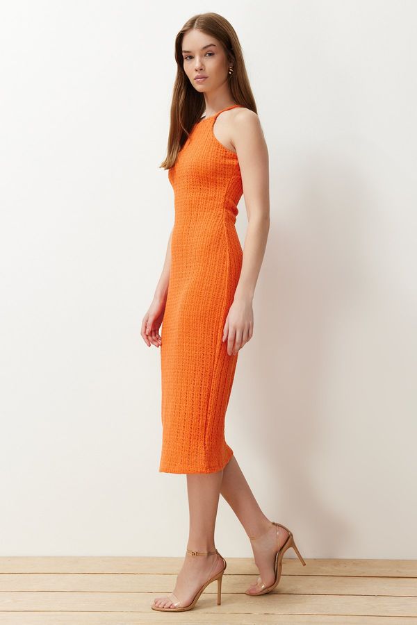 Trendyol Trendyol Orange Knitwear Look Shift/Solid Cut Halter Neck Midi Flexible Knitted Pencil Dress