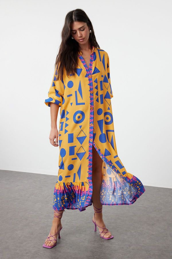 Trendyol Trendyol Orange Printed Wide Kseim Border Pattern Detailed Woven Dress Woven Dress