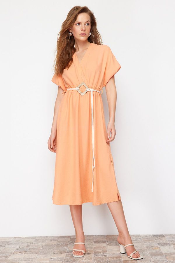 Trendyol Trendyol Orange Straight A-line Double Breasted Collar Balloon Sleeve Belt Detailed Lily Maxi Dress