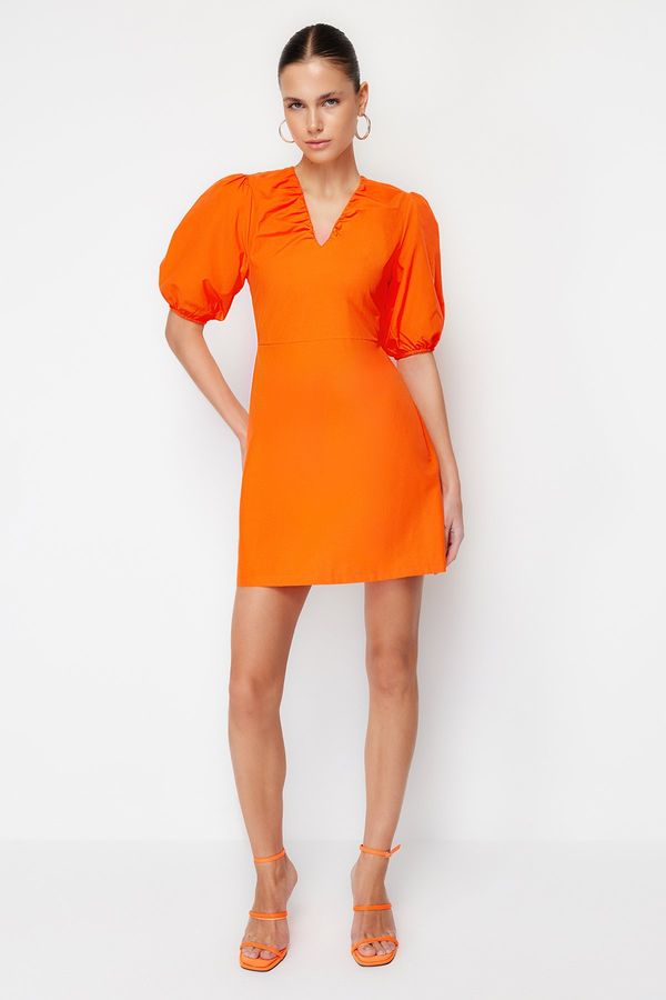 Trendyol Trendyol Orange Waist Open Mini Woven Poplin V-Neck Gathered Dress