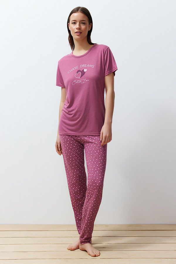 Trendyol Trendyol Pale Pink Heart Knitted Pajamas Set