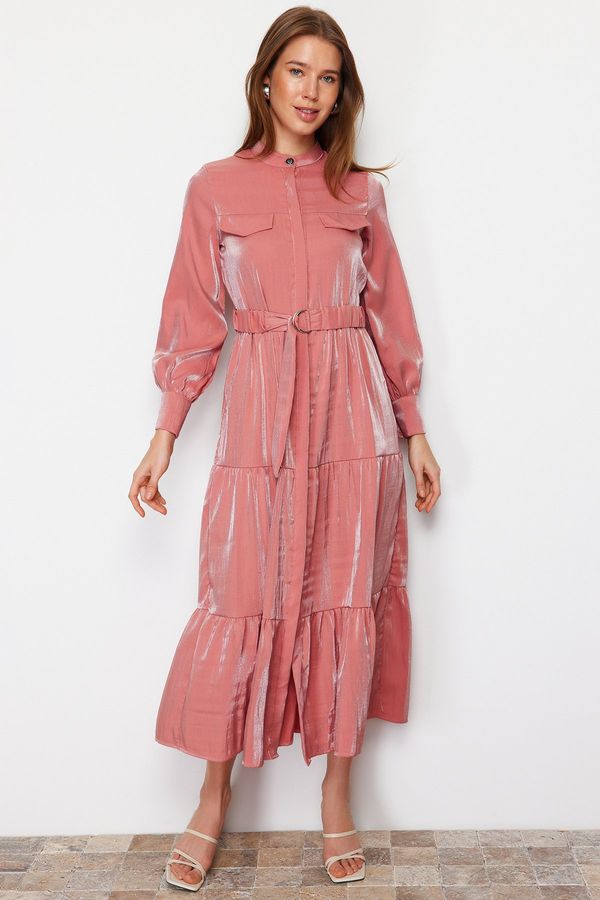 Trendyol Trendyol Pale Pink Shiny Satin Belt Detailed Skirt Frilly Woven Dress