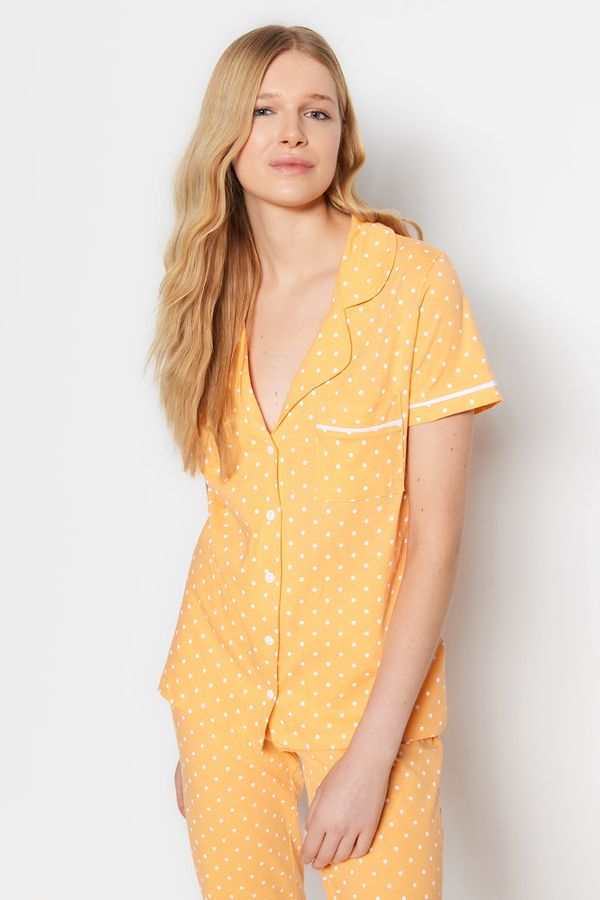 Trendyol Trendyol Peach 100% Cotton Piping Detailed Polka Dot Shirt-Pants Knitted Pajama Set