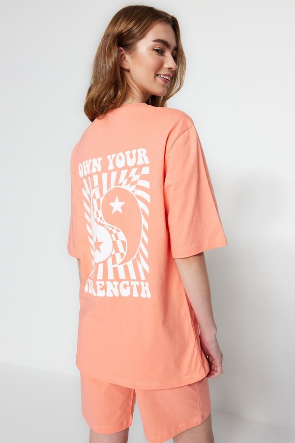 Trendyol Trendyol Peach Unisex 100% Cotton Motto Printed T-shirt-Shorts Knitted Pajamas Set