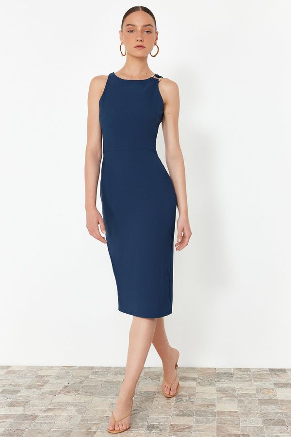 Trendyol Trendyol Petrol Fitted Midi Pencil Skirt with Accessory Detail on the Collar Woven Dress