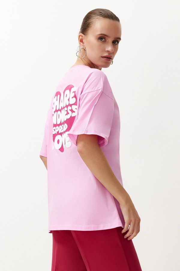 Trendyol Trendyol Pink 100% Cotton Back and Front Heart Printed Oversize/Relaxed Fit Knitted T-Shirt